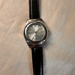 Quartz Silver Dial Black Leather Strap Watch